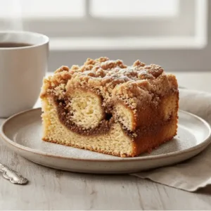 A generously glazed and streusel-topped sour cream coffee cake in a white baking dish, with a slice removed, revealing its tender, swirled interior. A cup of coffee and pecans are on the side.
