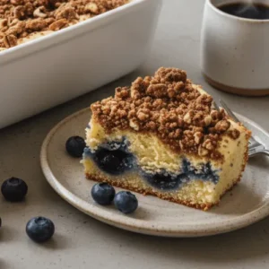 A freshly baked blueberry coffee cake with a thick, golden-brown streusel topping in a white baking dish, with a slice on a plate revealing plump blueberries and a tender crumb. A steaming cup of coffee and fresh blueberries are on the side.