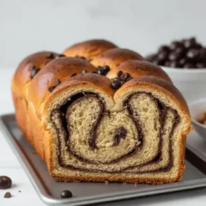 A freshly baked loaf of chocolate babka on a baking sheet, with a prominent slice cut to reveal the intricate swirl of chocolate filling within the golden-brown, tender bread. Chocolate chips and nuts are scattered nearby.