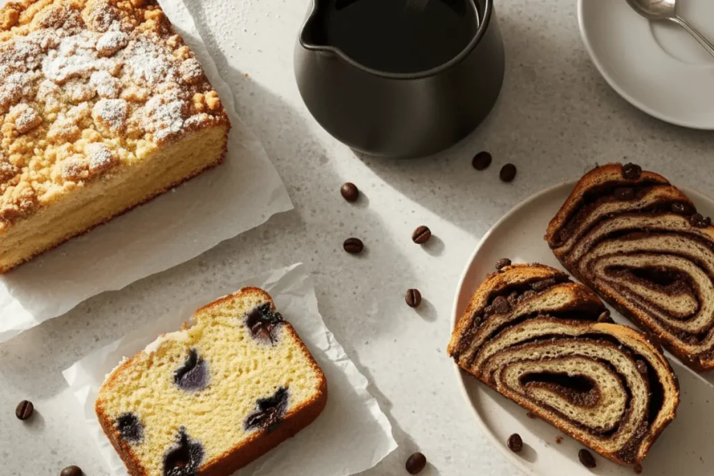 A flat lay photograph of three pastries—streusel coffee cake, blueberry cake, and chocolate babka—arranged around a steaming pot of coffee on a gray countertop.