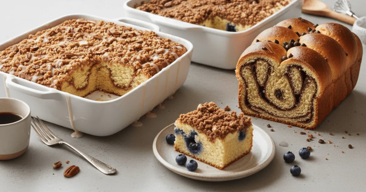 A side-by-side presentation of three distinct brunch desserts: a rich, glazed sour cream coffee cake, a fruity blueberry crumb cake, and a braided chocolate babka loaf. This image highlights the diverse textures and flavors of three popular sweet baked goods.