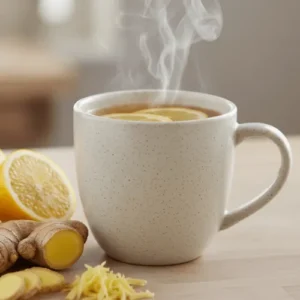 A steaming cup of lemon-ginger tea with fresh lemon slices and ginger roots on the side