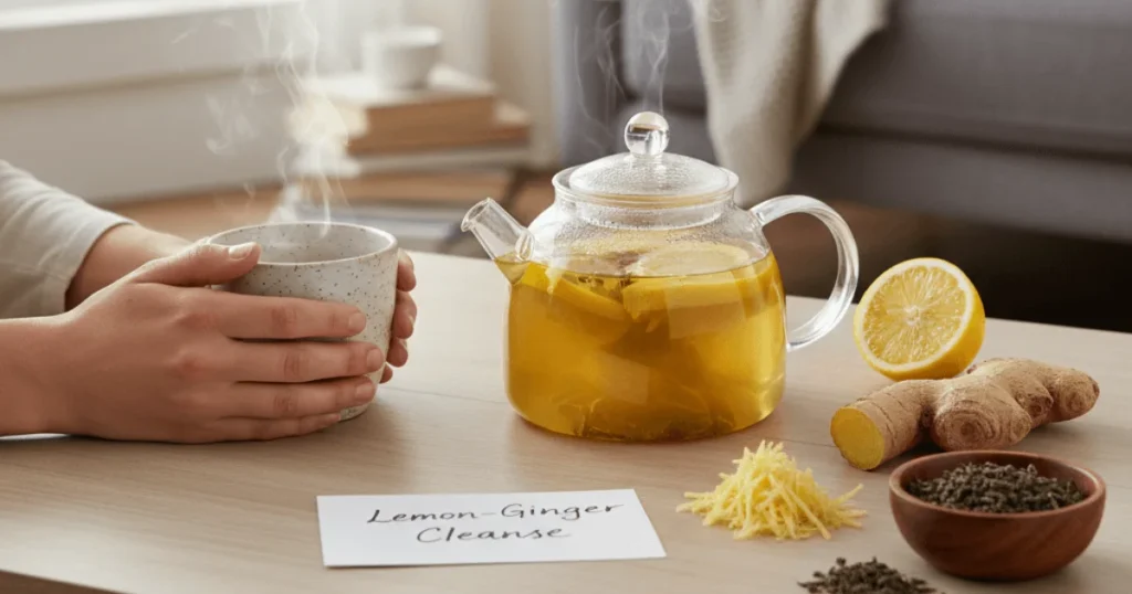 A person wearing a comfortable sweater, seated at a light wooden table with a steaming glass teapot filled with herbal tea, a matching mug, and small bowls containing various dried herbs like green tea, chamomile, and ginger, indicating natural health and wellness.