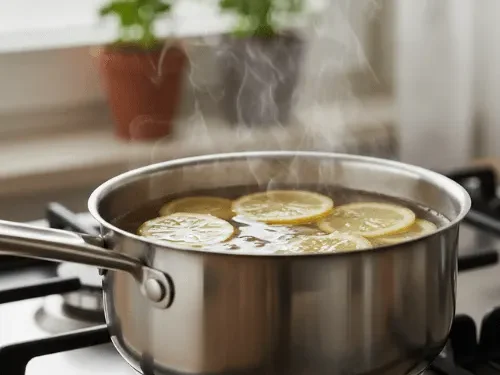 Thin slices of lemon and ginger simmering in a small saucepan filled with water