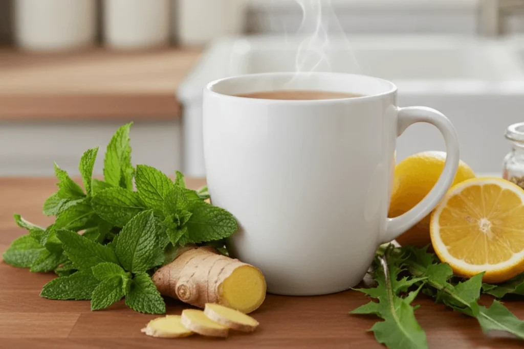 A steaming mug of detox cleansing tea with fresh peppermint, lemon, ginger, and dandelion leaves on the side, highlighting natural detox ingredients