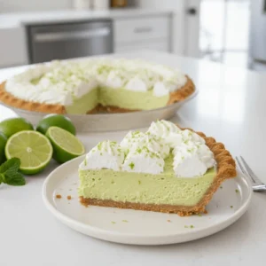 Slice of creamy key lime pie topped with whipped cream and lime zest, served beside fresh limes for a citrusy presentation.