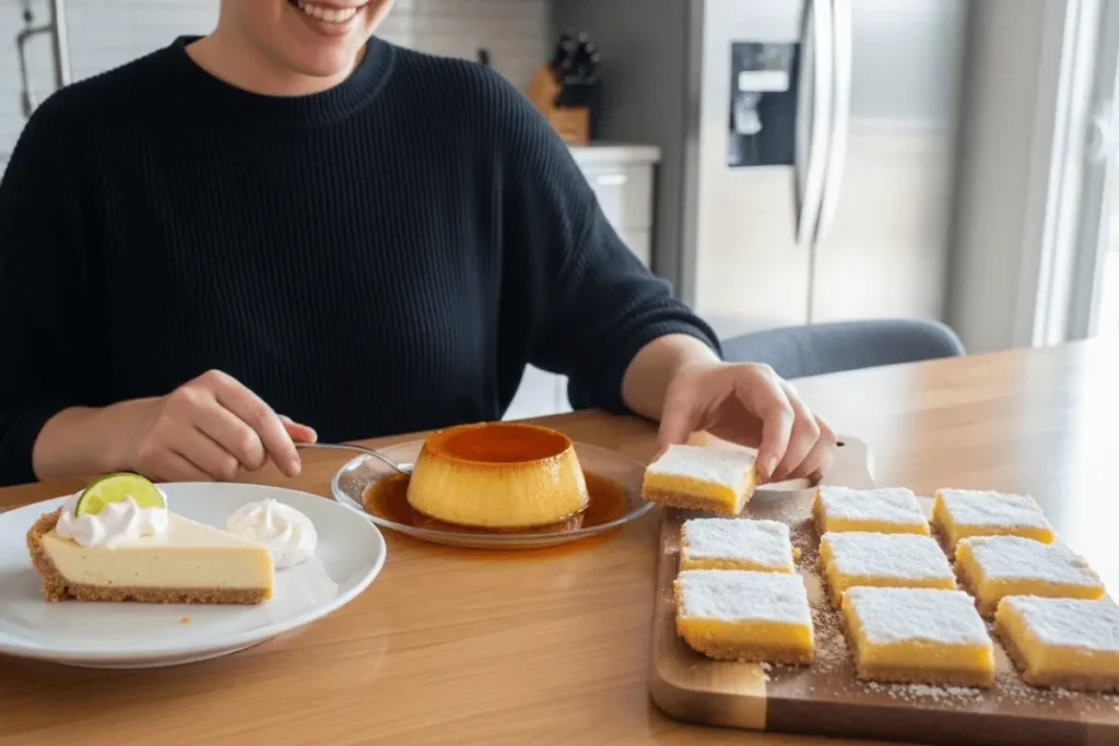 A smiling person enjoying an assortment of homemade easy desserts like pie, flan, and lemon bars at a kitchen table, creating a warm and inviting mood.