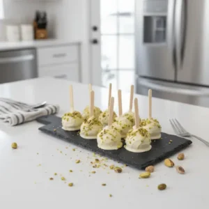 Chocolate-dipped cheesecake pops on sticks, decorated with cookie crumbs for a fun no-bake dessert idea.