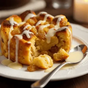 Golden baked bread pudding topped with a drizzle of vanilla sauce, highlighting its soft and cozy texture.