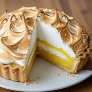 Lemon meringue pie topped with fluffy golden-brown meringue, revealing the bright lemon filling underneath.