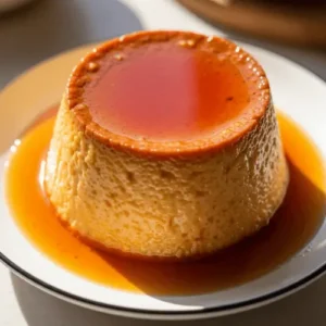 Smooth caramel flan with a glossy caramel layer drizzling down the sides, showing its creamy texture.