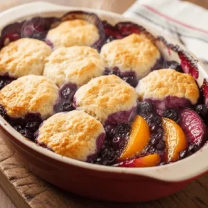 Golden-topped cobbler filled with bubbling peach and blueberry filling, served fresh from the oven.
