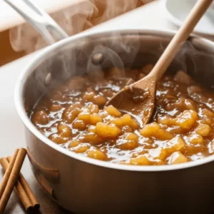 Freshly made apple pie filling simmering in a pan with cinnamon and sugar, showing its glossy caramelized texture.