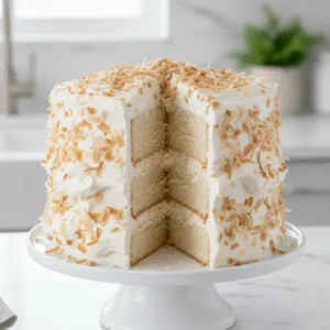 Soft coconut layer cake with whipped frosting and coconut flakes on top, highlighting its light and moist crumb.