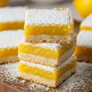 Stack of tangy lemon bars with shortbread crust and powdered sugar topping, showing their bright yellow filling.
