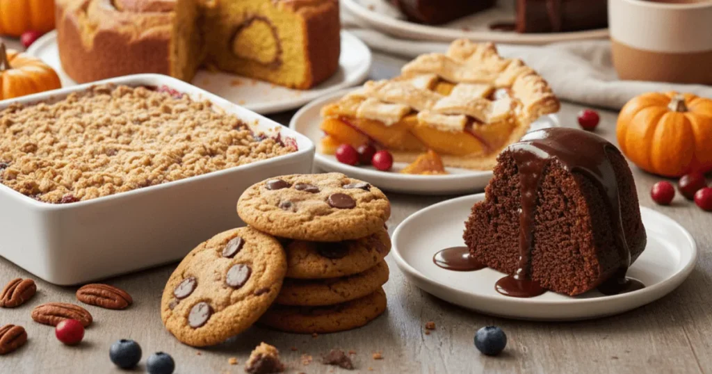 A collection of assorted fall desserts including pie, cookies, cake, and fruit crisp, arranged on a neutral background. Perfect for showcasing a roundup of easy autumn treats.