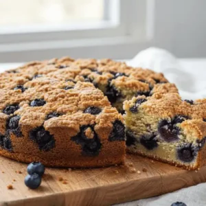 A moist slice of blueberry buckle topped with a buttery crumb layer and fresh blueberries. Perfect for coffee cake–style dessert posts.