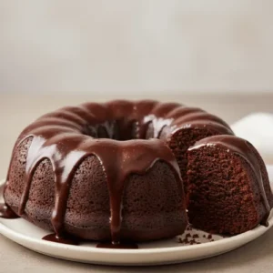 A rich double chocolate bundt cake covered in smooth, glossy glaze. Ideal for visually highlighting decadent chocolate desserts.