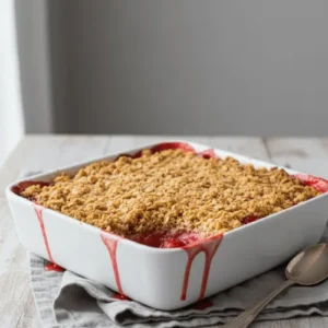 A warm strawberry-rhubarb crisp with bubbling fruit and a golden crumb topping. A great fit for showcasing nostalgic, simple fruit desserts.