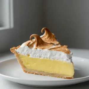 A slice of lemon meringue pie featuring toasted meringue peaks and a vibrant lemon custard. Excellent for highlighting fresh, citrus-forward desserts.