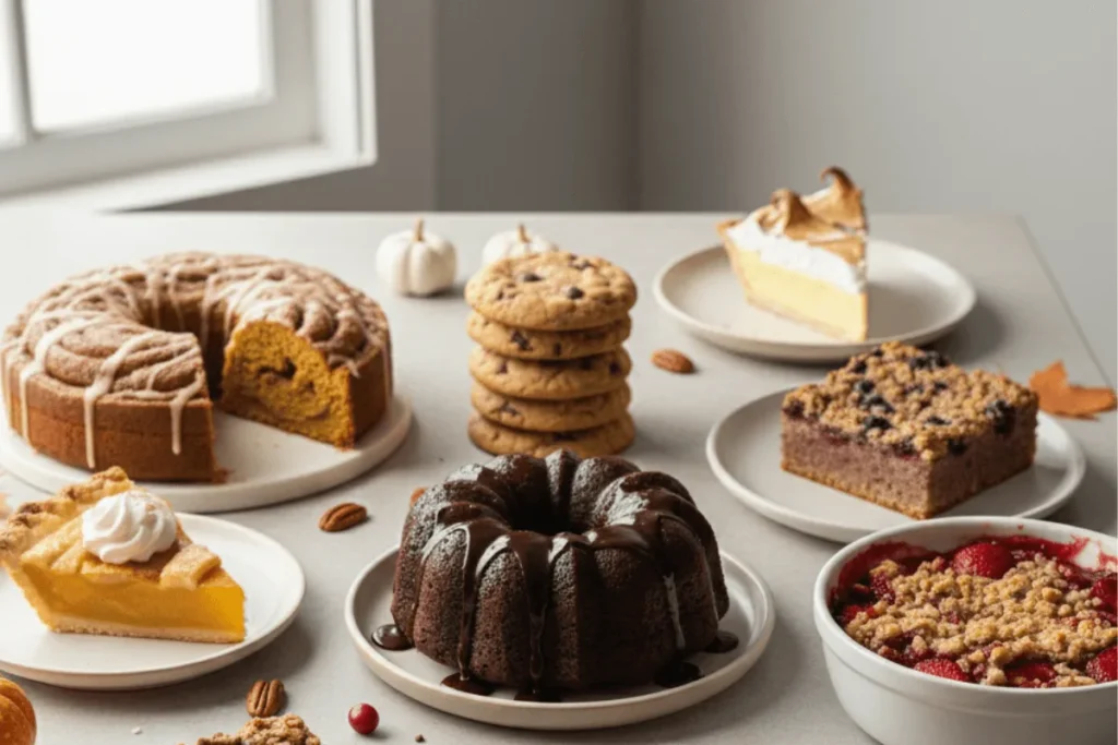 A collection of seven fall desserts displayed together, including pumpkin cinnamon roll cake, brown-butter cookies, peach pie, blueberry buckle, chocolate bundt cake, strawberry-rhubarb crisp, and lemon meringue pie. Ideal for showcasing a full lineup of autumn recipes.