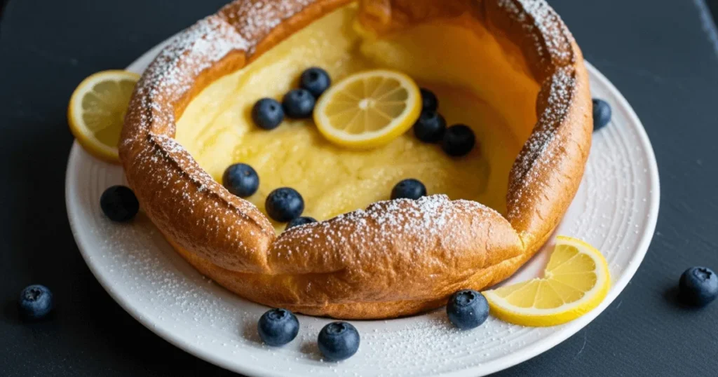 A show-stopping, highly puffed German pancake (Dutch Baby) in a cast iron skillet, garnished with powdered sugar, lemon, and blueberries. This image serves as the main visual for the blog post, inviting readers to discover the secrets of making the best German pancakes.