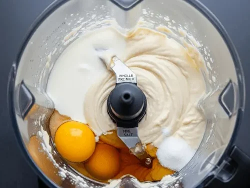 A blender actively mixing ingredients for sourdough German pancakes, showing the vortex of the batter. This image demonstrates the process of creating a silky-smooth and aerated batter, essential for a fluffy Dutch Baby.