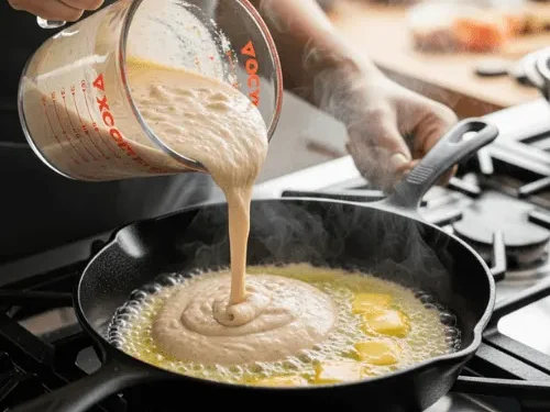 A blender actively mixing ingredients for sourdough German pancakes, showing the vortex of the batter. This image demonstrates the process of creating a silky-smooth and aerated batter, essential for a fluffy Dutch Baby.