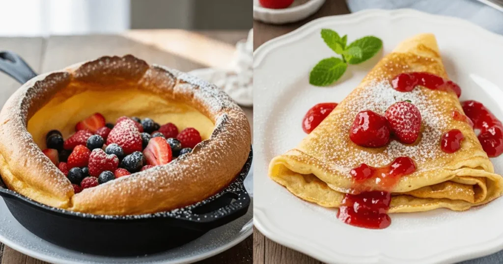 A visual comparison showing a tall, puffy Dutch Baby next to a thin, folded Pfannkuchen, illustrating the two distinct styles of German pancakes. This image helps readers understand the difference between the oven-baked and stovetop versions.