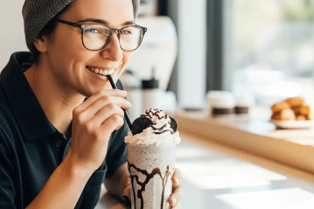 A person happily drinking a thick Oreo milkshake through a straw while seated at a modern counter. The scene emphasizes the fun, indulgent experience of enjoying the drink.