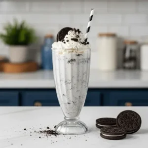 A classic Oreo milkshake in a tall chilled glass topped with whipped cream and crushed Oreos. Ideal for illustrating the essential base recipe.
