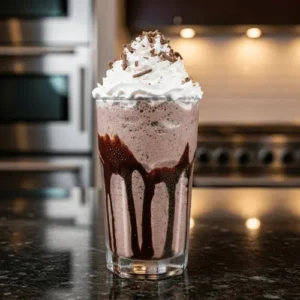 A decadent chocolate-and-coffee Oreo shake drizzled with chocolate and topped with whipped cream and shavings. Captures the bold, indulgent nature of the second recipe.