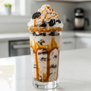 A gourmet-style salted caramel Oreo milkshake with caramel drips and a sea salt garnish. Represents the luxurious and sweet-salty flavor of the third recipe.