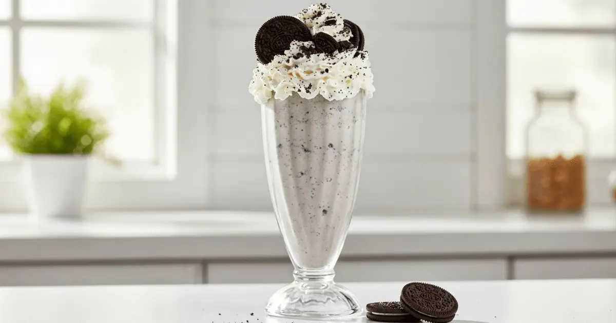 A thick Oreo milkshake served in a frosty glass, topped with whipped cream and crushed cookie pieces. A bright modern kitchen background highlights the texture and appeal of the shake.