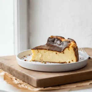 Close-up of a baker performing the jiggle test on a Basque cheesecake to ensure a creamy, custardy center.