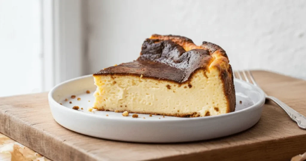 A creamy Basque cheesecake slice with a caramelized top, showcasing a custard-like interior