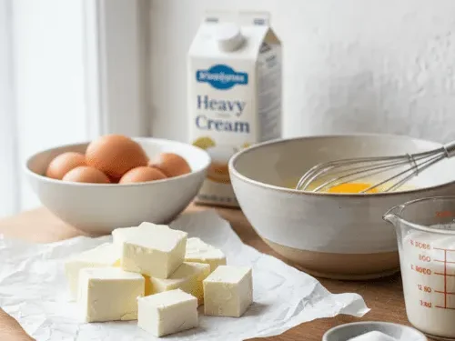 Room-temperature cream cheese, eggs, and heavy cream ready for making Basque cheesecake batter.