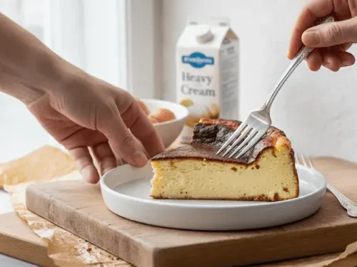 A slice of Basque cheesecake served on a plate, ready to enjoy.