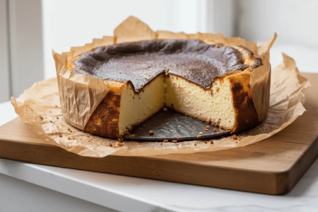 A whole Basque cheesecake with a caramelized, slightly burnt top and a slice revealing a custardy, creamy center.