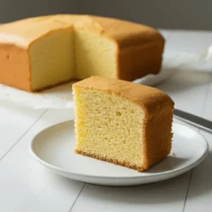 Fluffy Japanese Castella cake sliced into neat pieces, showing its soft honey sponge texture and golden baked top.