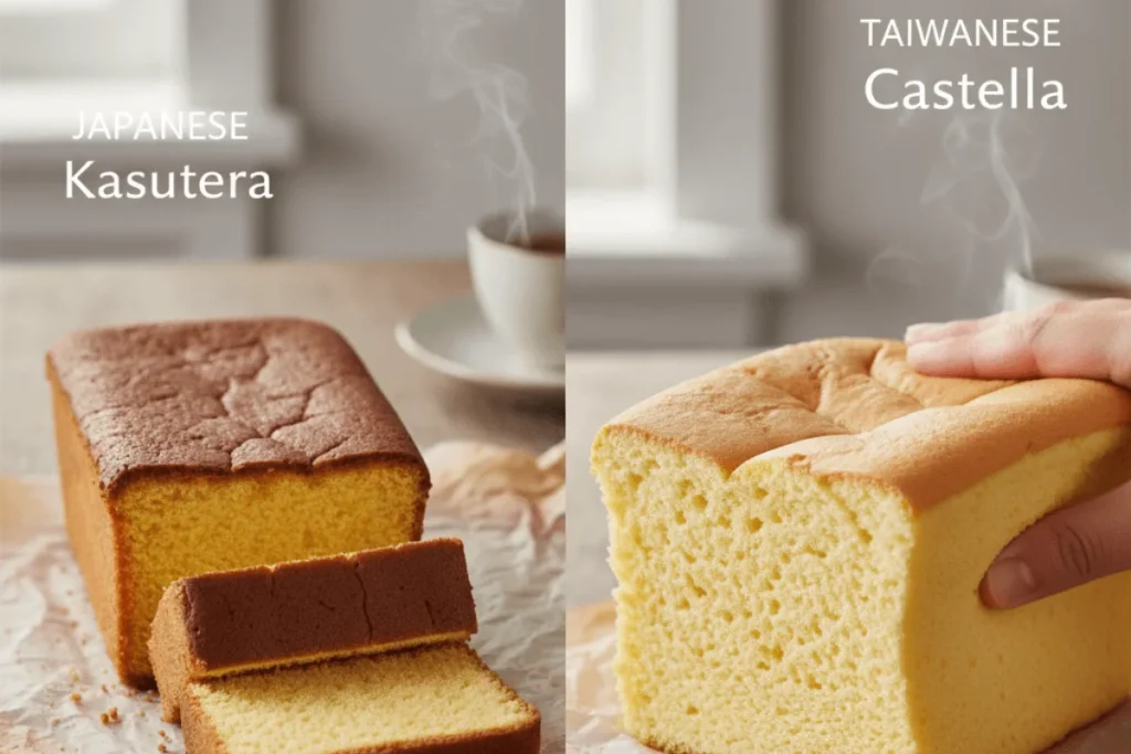 Side-by-side comparison of Japanese Castella and Taiwanese Castella cakes, showing differences in texture, height, and crumb structure.