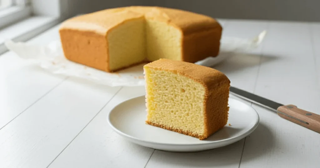 Fluffy Japanese Castella cake sliced into neat pieces, showing its soft honey sponge texture and golden baked top.