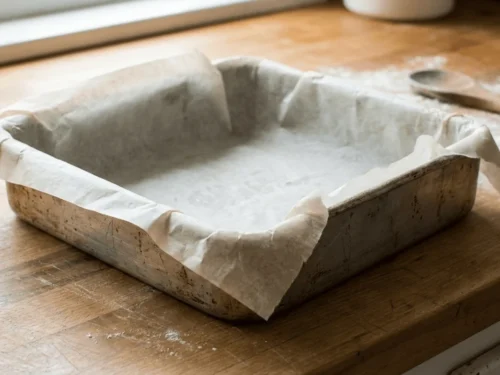 Baking pan lined with parchment paper, prepared for Japanese Castella cake batter before baking.