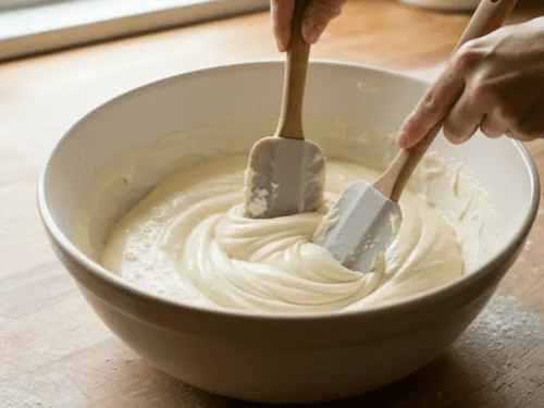 Flour being gently folded into whipped egg batter to maintain airiness for Castella cake.