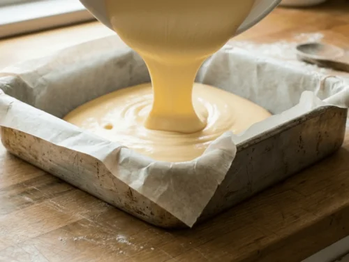 Castella cake batter being poured into a parchment-lined pan before baking.