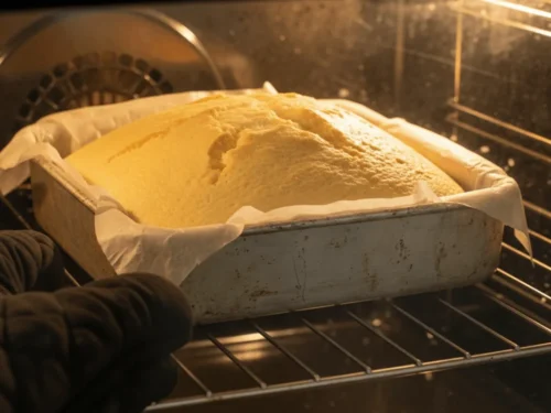 Japanese Castella cake baking evenly in the oven until tall and golden.