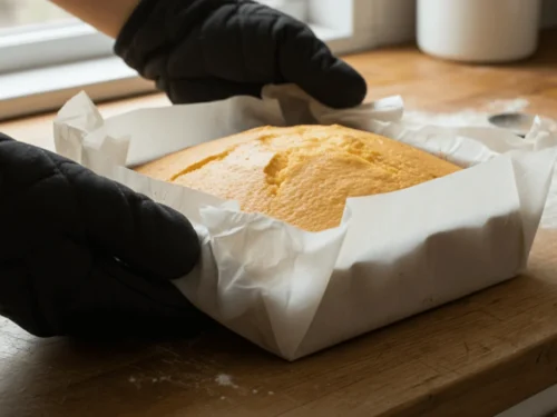 Freshly baked Castella cake wrapped to rest overnight and improve texture.