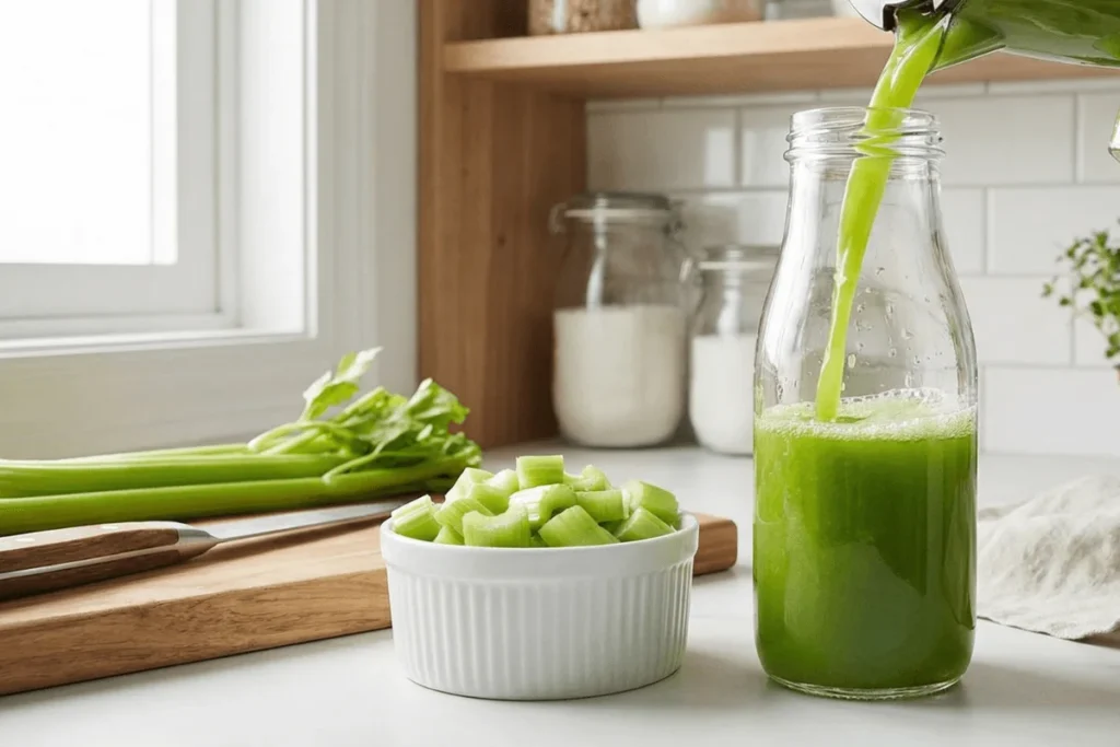 A bottle being filled with freshly made Celery Juice Benefits next to chopped celery pieces, illustrating the process of preparing homemade celery juice. Ideal for readers exploring simple at-home juicing.