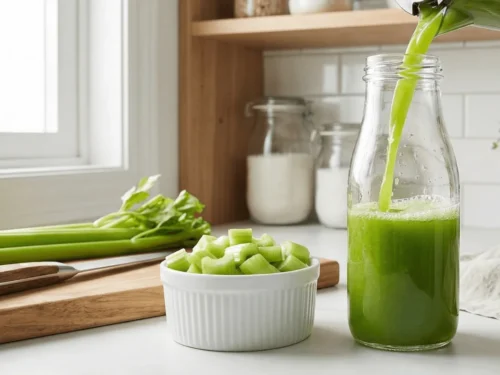 A bottle being filled with freshly made celery juice next to chopped celery pieces, illustrating the process of preparing homemade celery juice. Ideal for readers exploring simple at-home juicing.