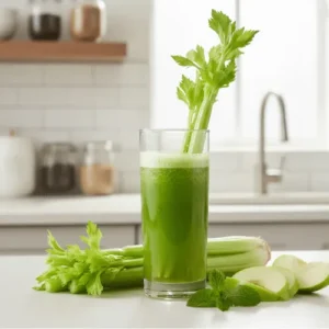 A tall glass of fresh green celery juice with celery stalks, sliced green apple, and mint leaves nearby, representing a healthy, vitamin-rich morning drink.